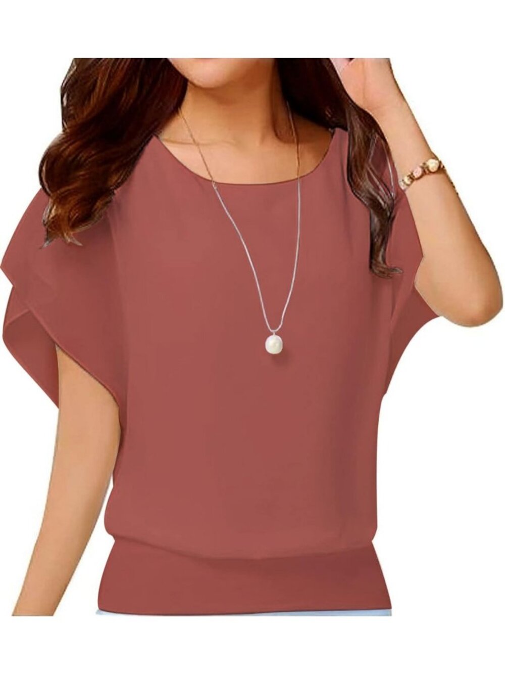Women's Dousha Red Elegant Loose Casual Short Sleeve Chiffon Top T Shirt Blouses